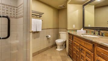 A bathroom with a shower, toilet, and vanity with a sink and mirror.