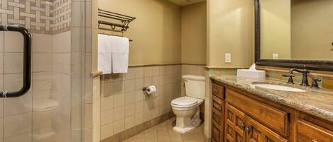 A bathroom with a shower, toilet, and vanity with a sink and mirror.
