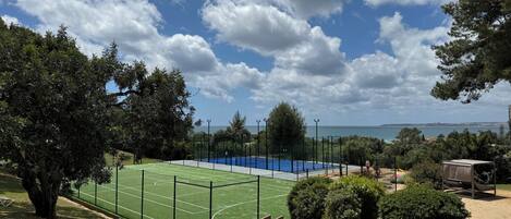 A tennis court surrounded by trees and a view of the sea.