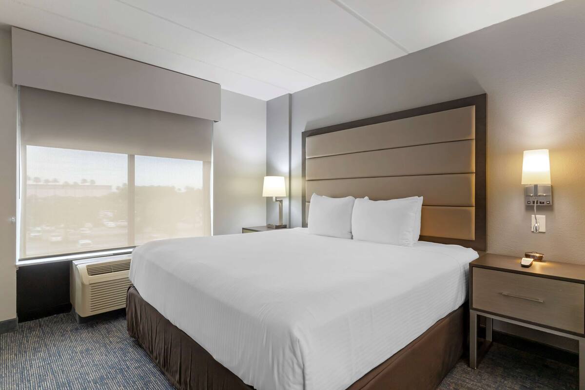 Een hotelkamer met een groot bed, een nachtkastje met een lamp, een verwarming en uitzicht op de stad.