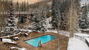 Una piscina rodeada de árboles cubiertos de nieve y un puente de madera.