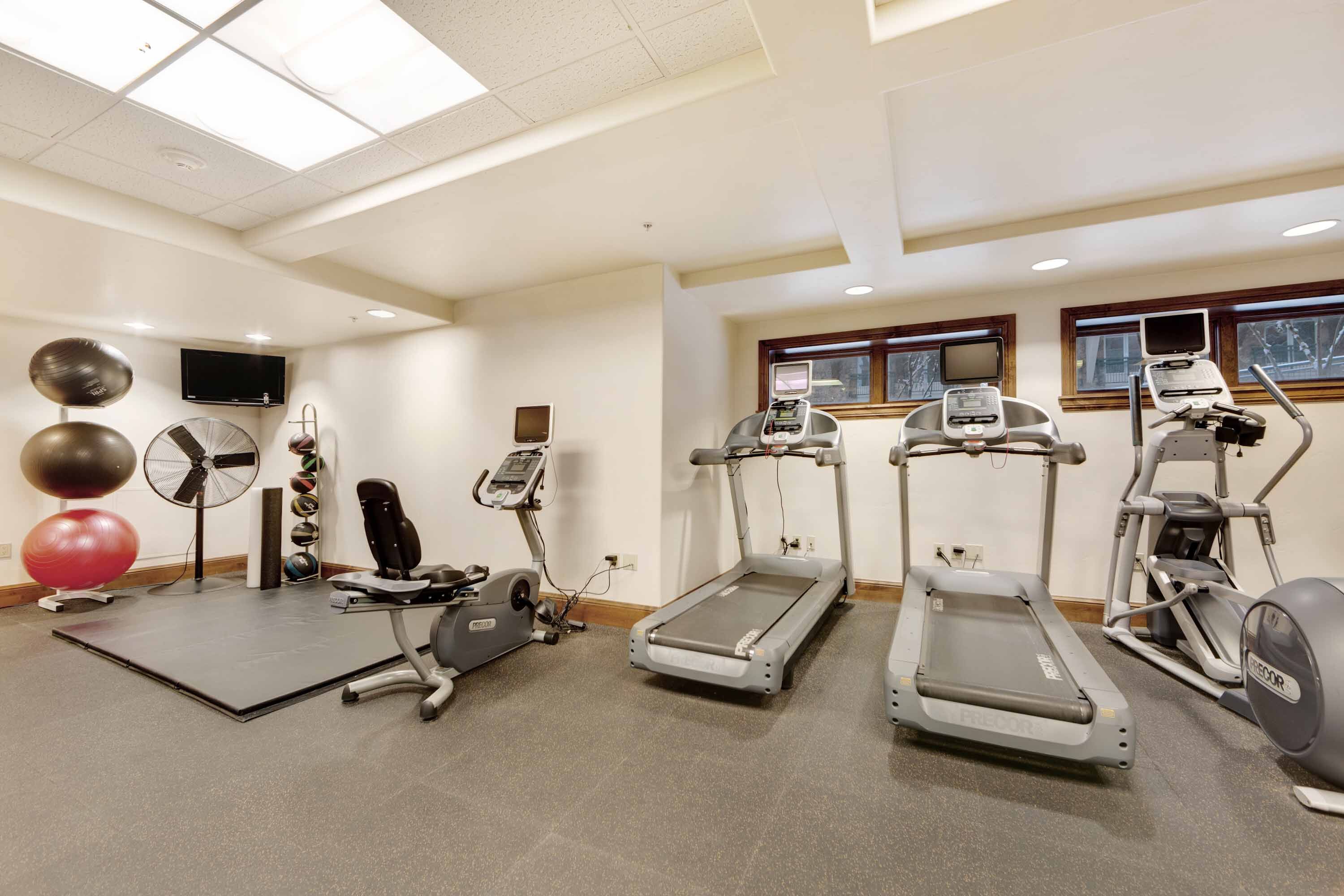 A gym with treadmills, elliptical machines, and exercise balls.