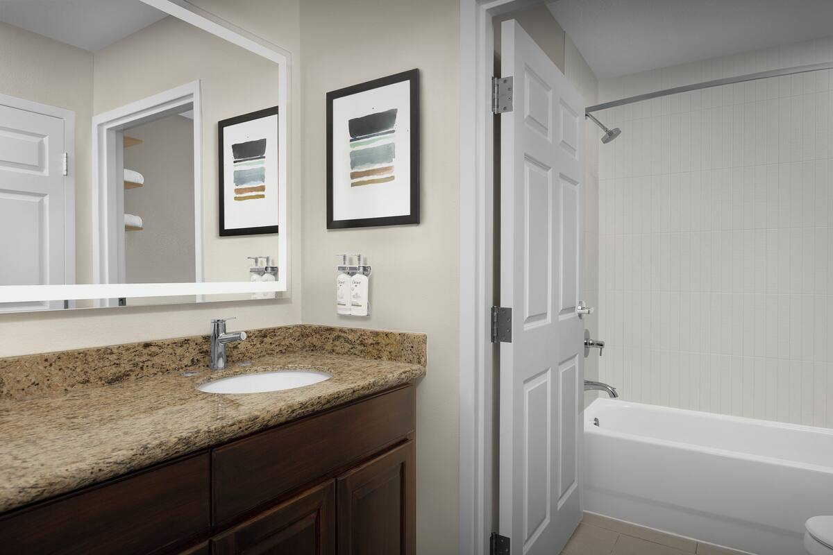 combined shower/bathtub, free toiletries, hair dryer, towels