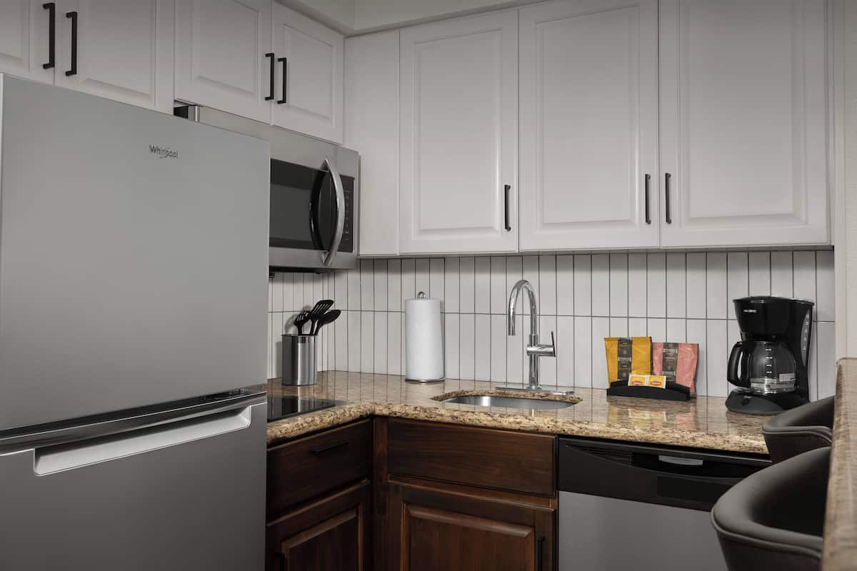 full-sized fridge, microwave, stovetop, dishwasher