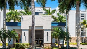 Un edificio moderno con fachada de piedra, palmeras y un cielo azul despejado.