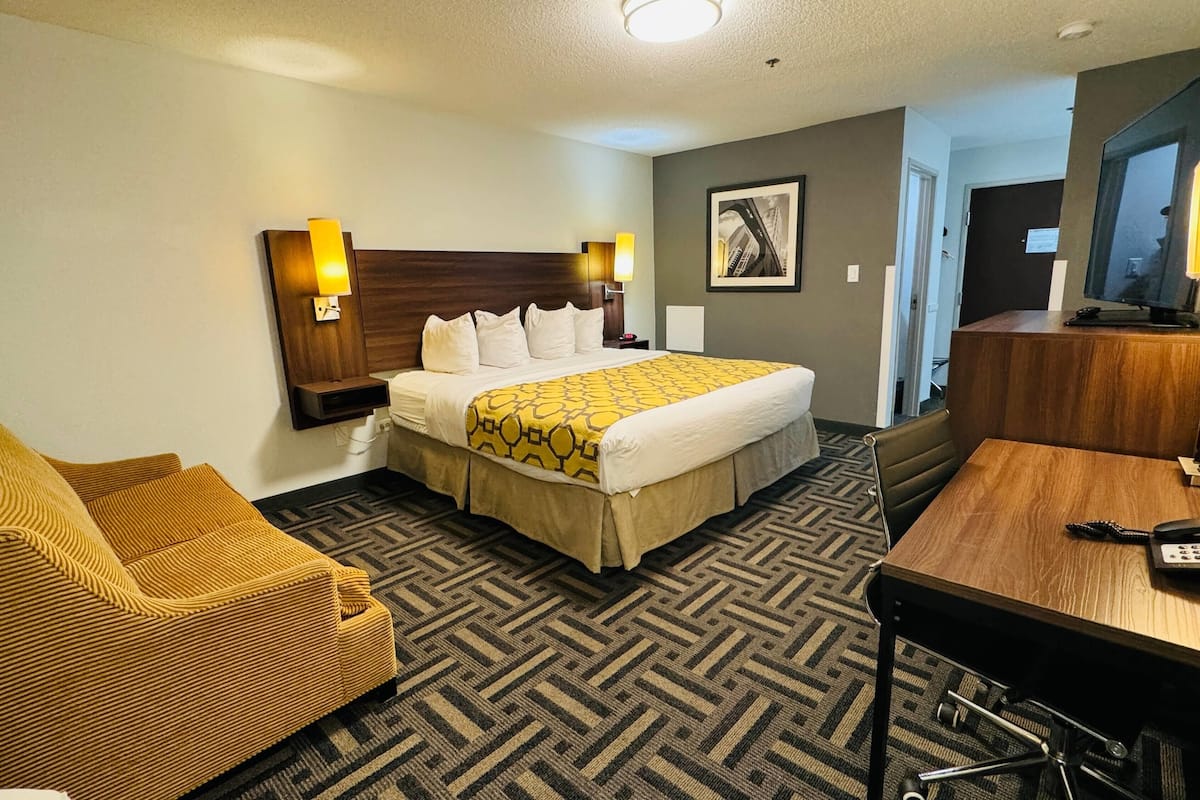 Een hotelkamer met een groot bed, een sofa, een bureau en een televisie.