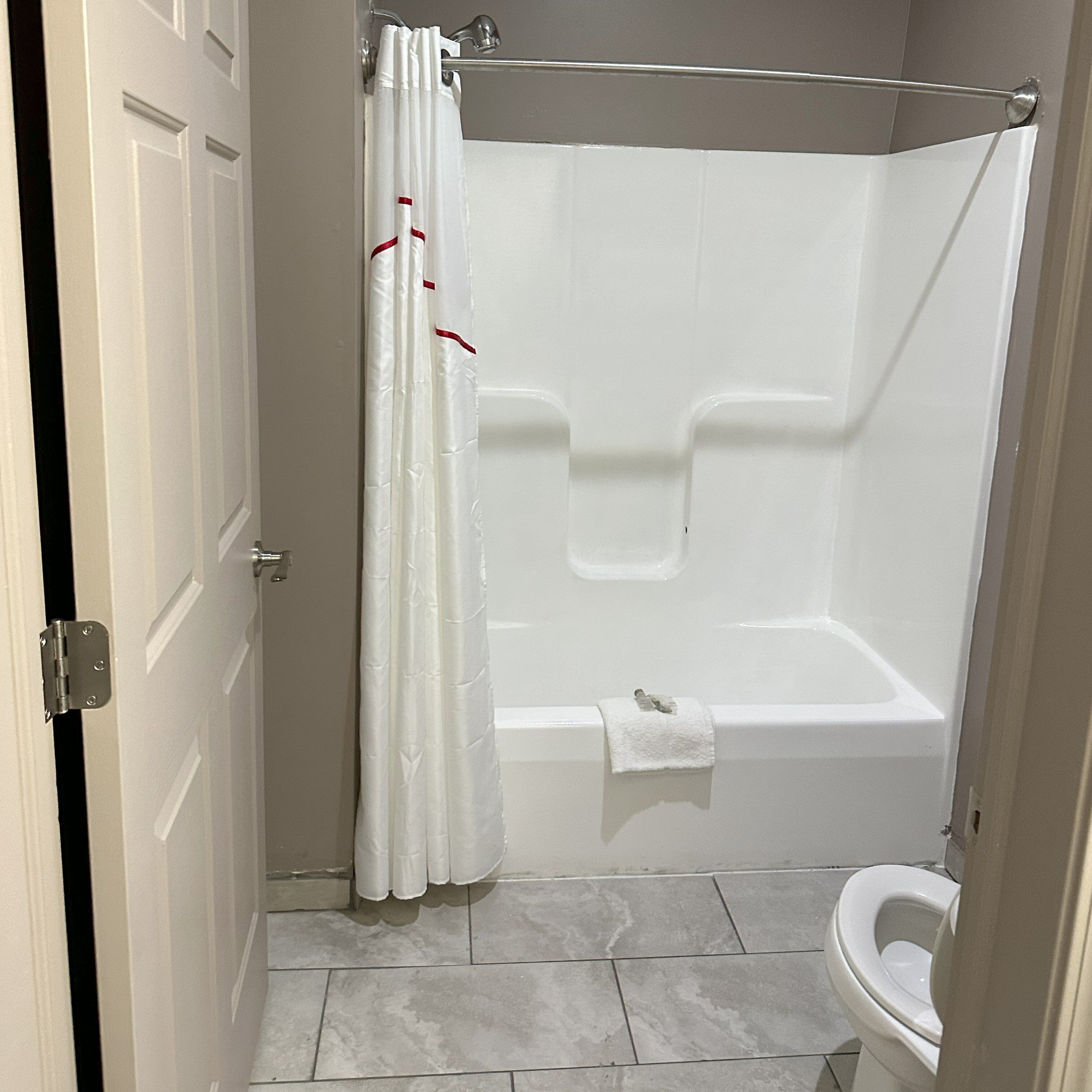A bathroom with a shower, toilet, and a door.
