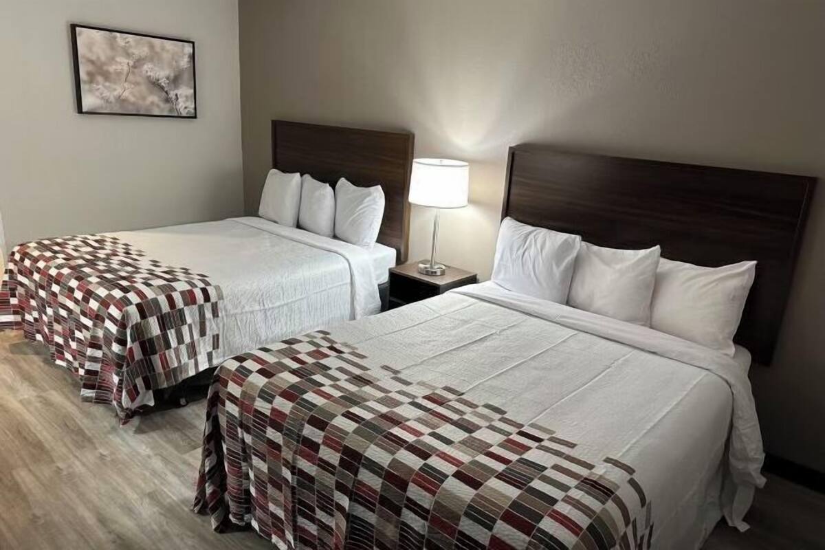 Premium bedding, desk, laptop workspace, blackout curtains