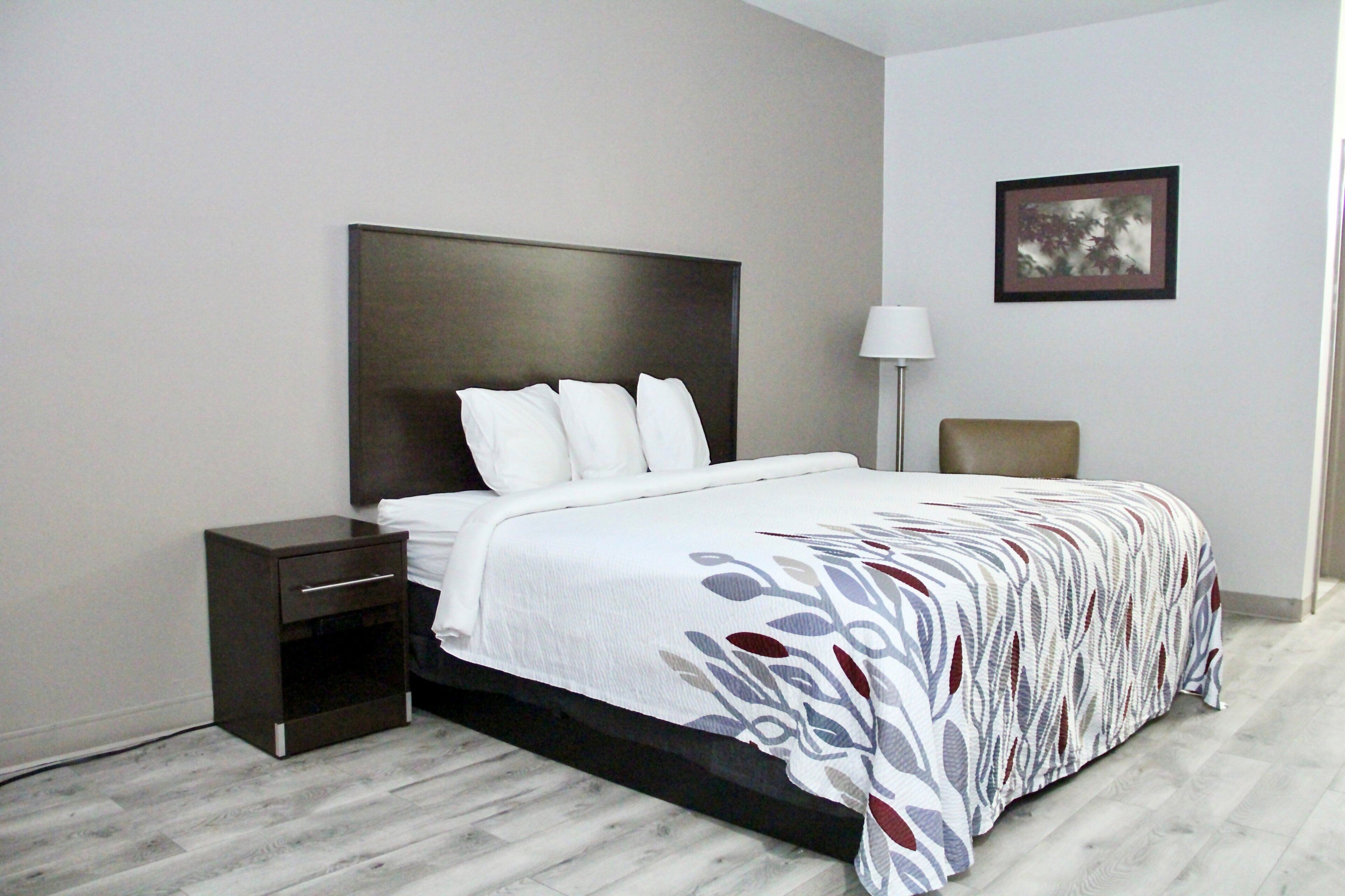 A hotel room with a bed, a nightstand, a lamp, and a framed picture on the wall.
