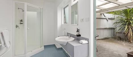Un baño moderno con ducha de vidrio, un lavamanos blanco y un espejo grande.