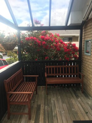 A wooden deck with two benches, a potted plant with red flowers, and a view of a building through a window. - Fenton Court Motel (Rotorua)
