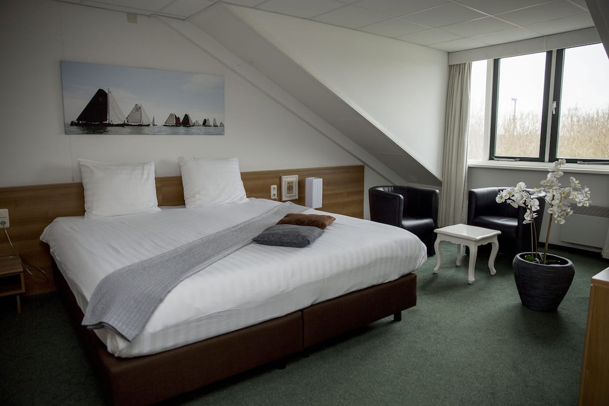 Habitación de hotel con una cama grande, una mesita pequeña, una silla, una planta en maceta y un cuadro en la pared.