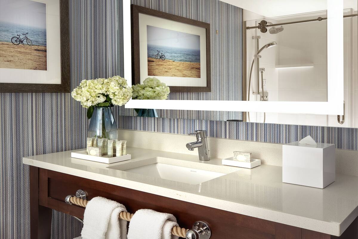 combined shower/bathtub, free toiletries, hair dryer, towels