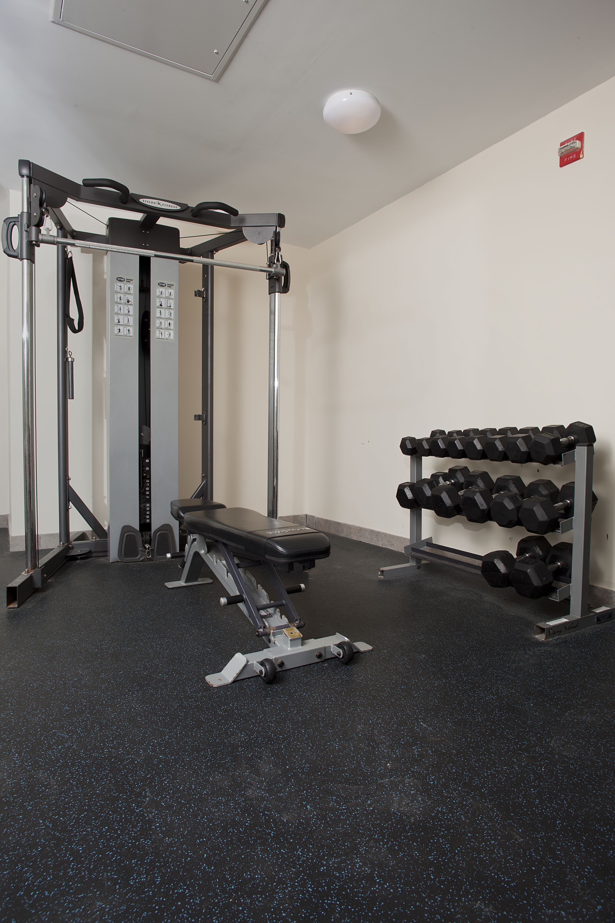 A gym with a bench press, squat rack, and a rack of dumbbells.