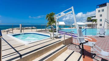A rooftop pool area with a hot tub, lounge chairs, and a view of the ocean.