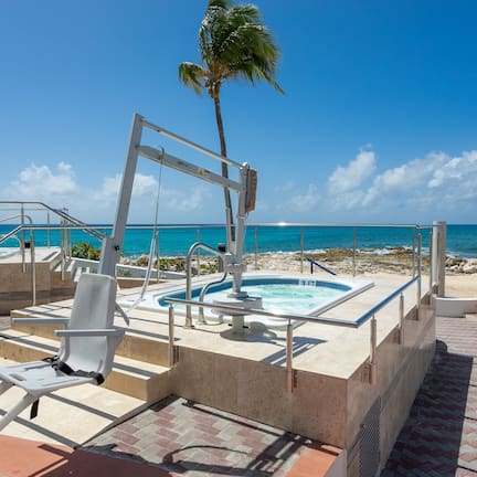 A pool area with a hot tub, a lounge chair, and a palm tree.