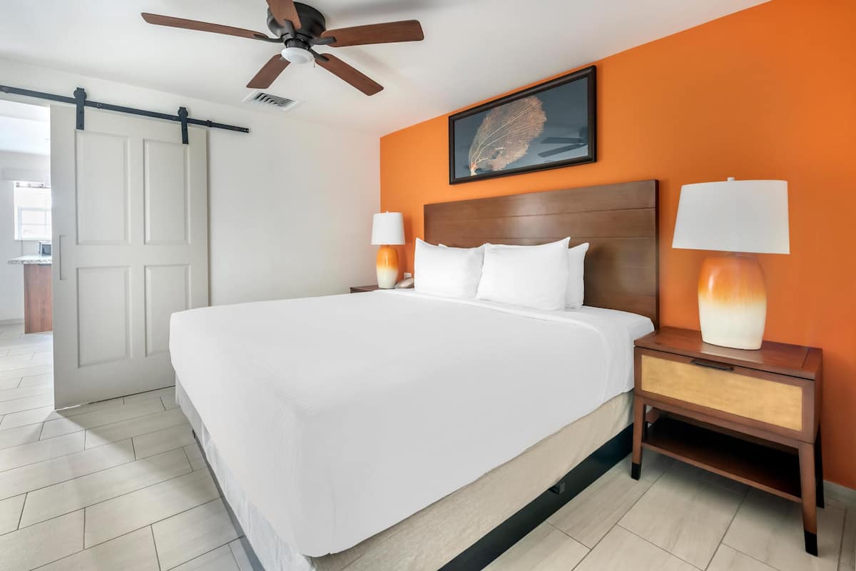 A hotel room with a large bed, a ceiling fan, an orange accent wall, and a nightstand with a lamp.