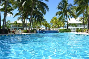Outdoor pool, pool umbrellas, pool loungers
