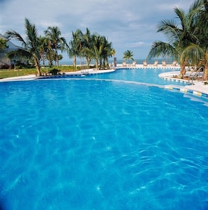 Outdoor pool, pool umbrellas, pool loungers