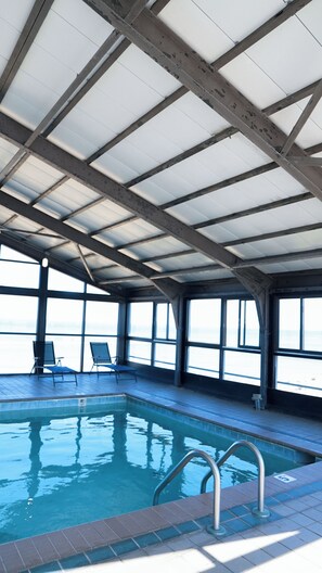 Indoor pool, open 10:00 AM to 8:00 PM, sun loungers