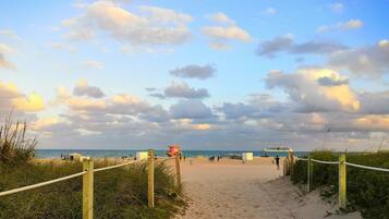 Beach nearby, white sand, beach volleyball, surfing