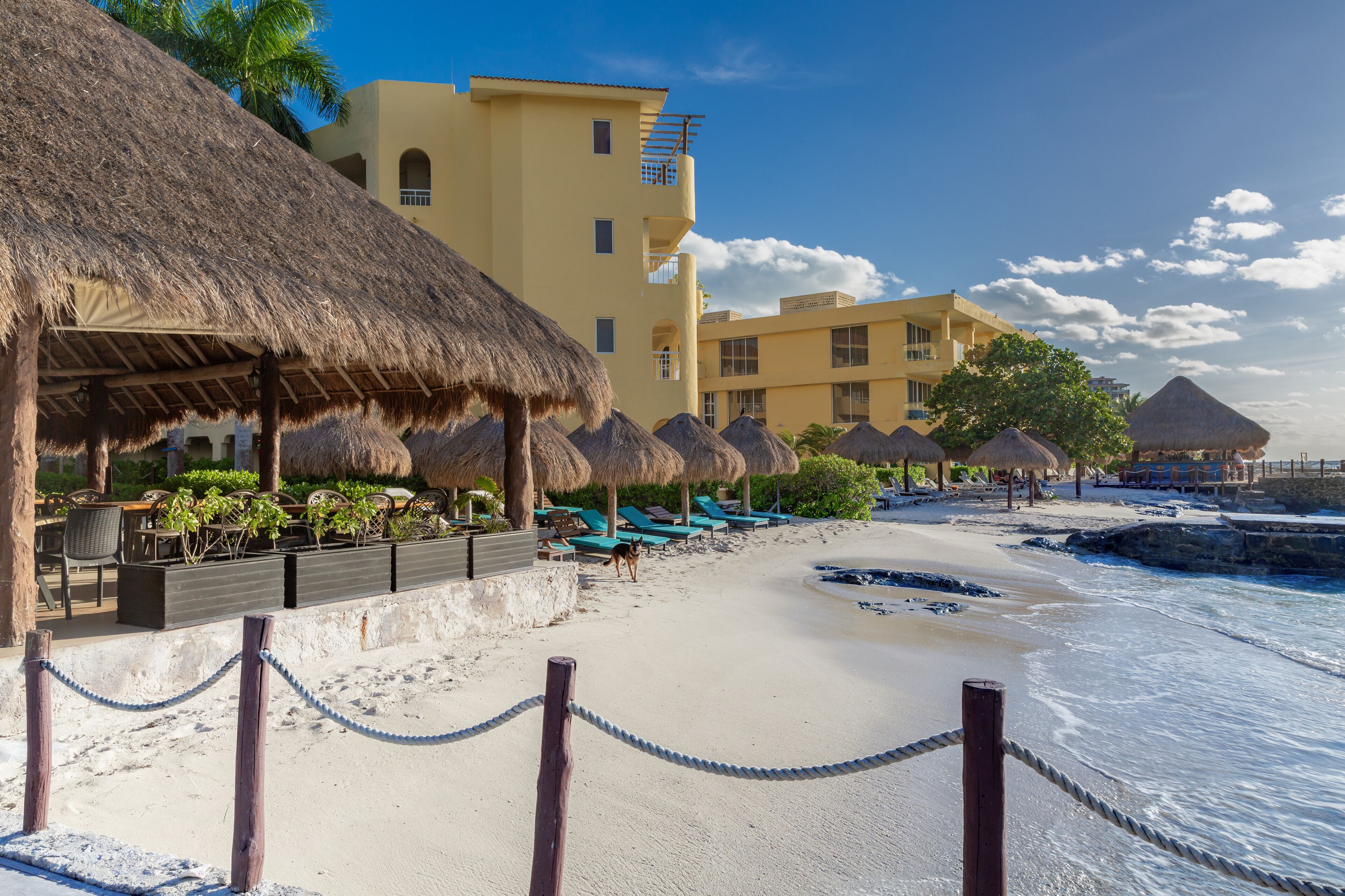 Ein Hotel direkt am Strand mit Reetdachschirmen, einem Sandstrand und einem Poolbereich.