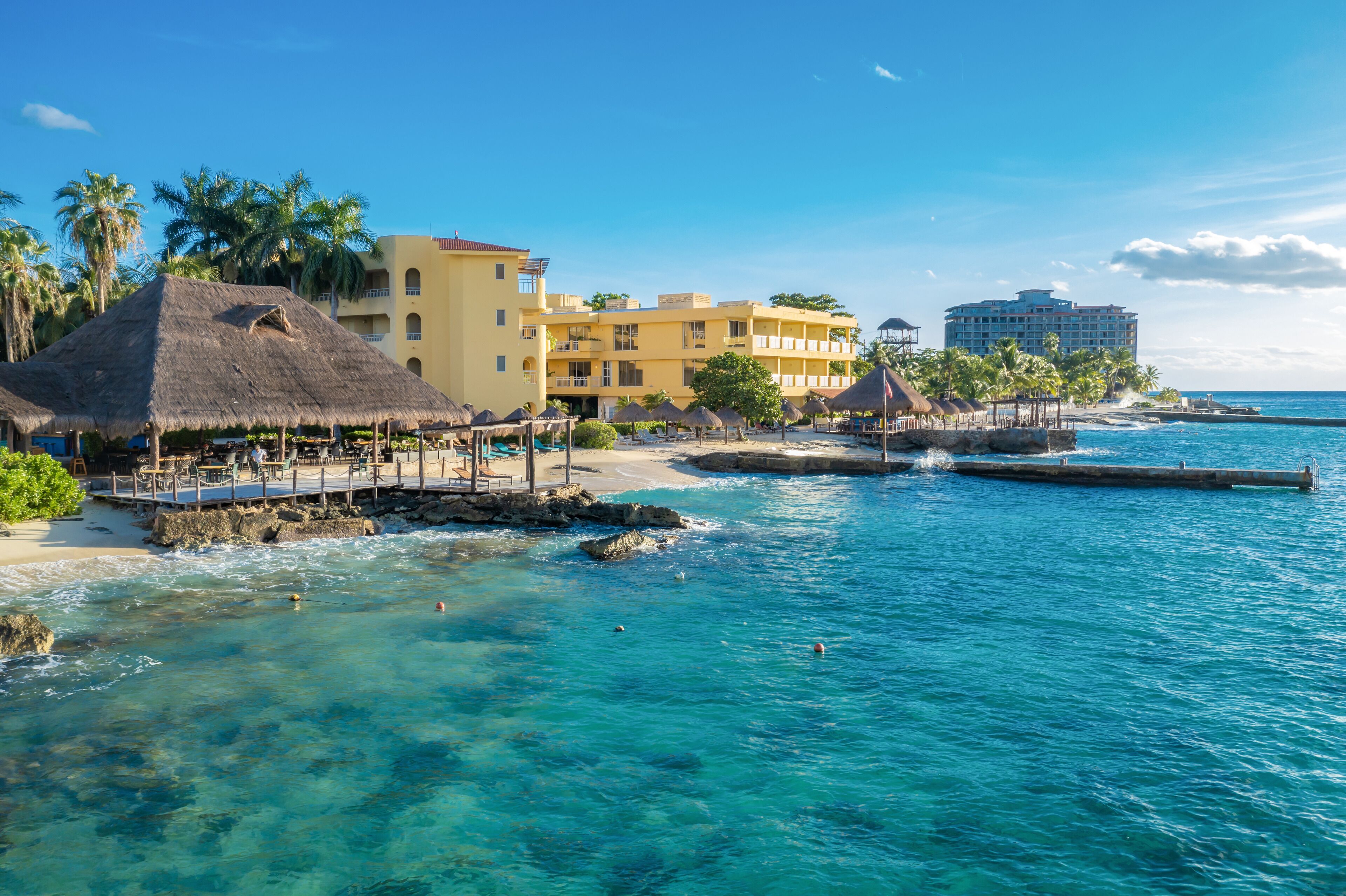 A beachfront hotel with thatched-roof structures, clear blue water, and palm trees.