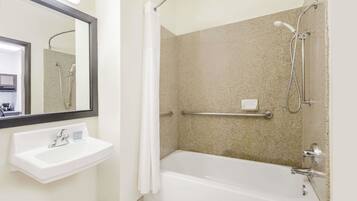 Suite, 2 Queen Beds, Accessible, Non Smoking (Mobility,Hearing,Tub w/Grab Bars) | Bathroom | Combined shower/bathtub, hair dryer, towels