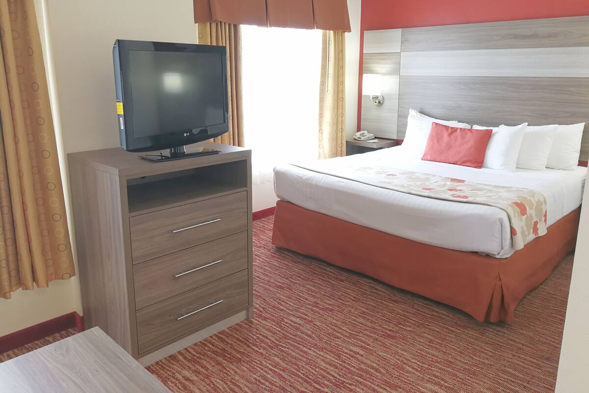 A hotel room with a bed, a TV on a wooden cabinet, a nightstand with a phone, and a window with curtains.
