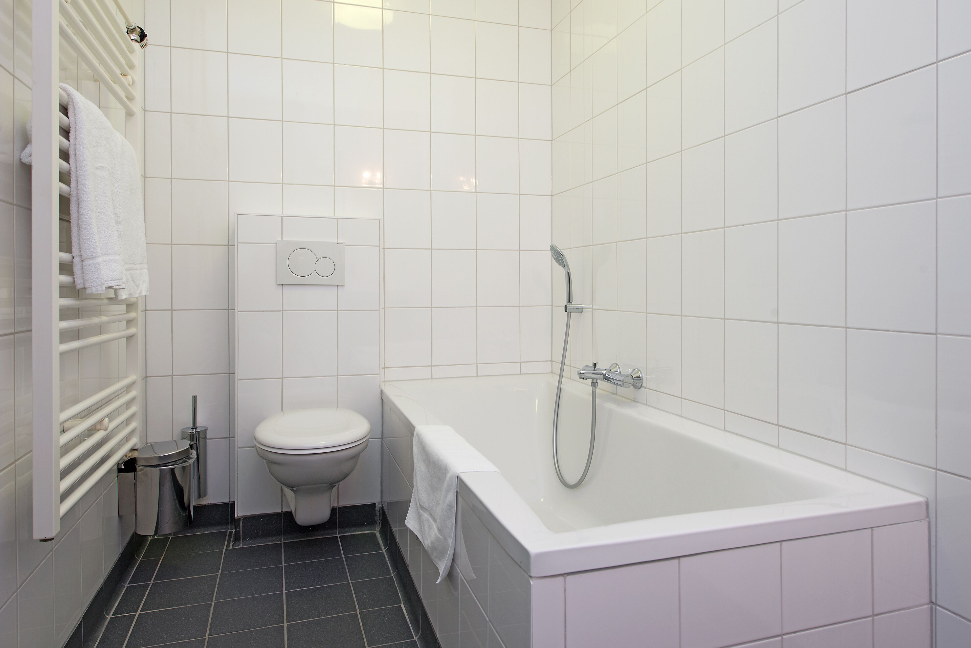 Un bagno moderno con una vasca da bagno bianca, un water e un porta asciugamani.