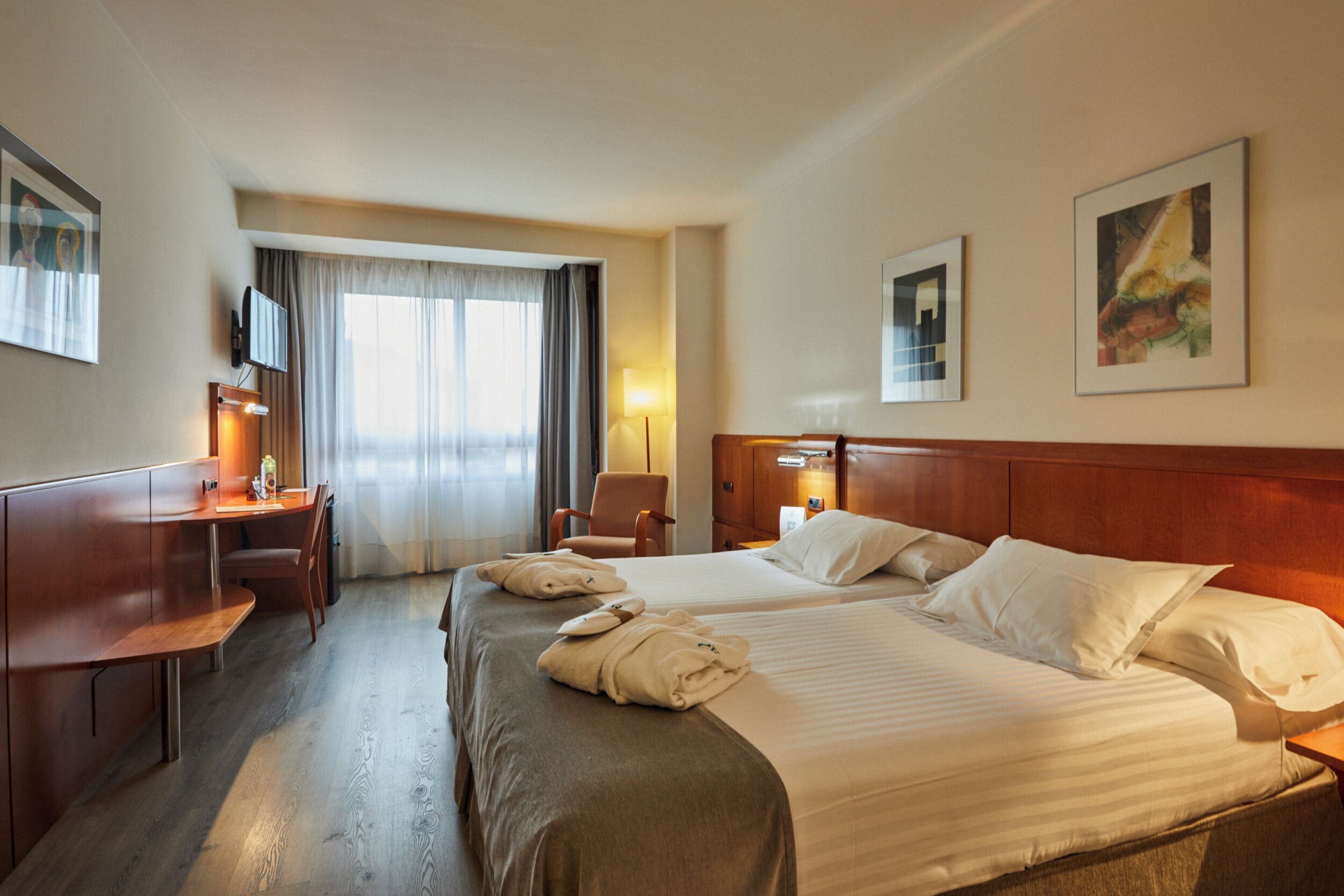 Habitación de hotel con dos camas, un escritorio, una silla y un televisor.