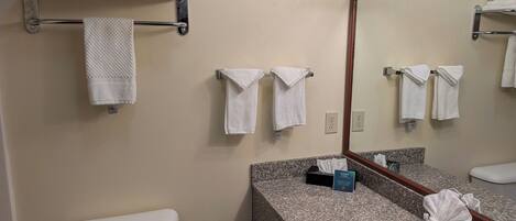 Une salle de bain comprenant des toilettes, un lavabo avec un plan de travail en granit, un miroir et plusieurs serviettes blanches suspendues à des crochets.