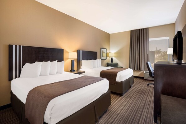 Standard Room, 2 Queen Beds, Non Smoking, Refrigerator & Microwave | 1 bedroom, desk, laptop workspace, iron/ironing board