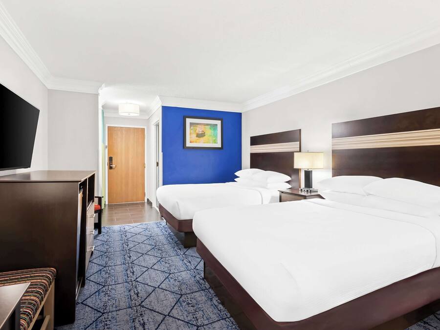 Habitación de hotel con una cama grande, televisión, escritorio y una pared decorada en azul.