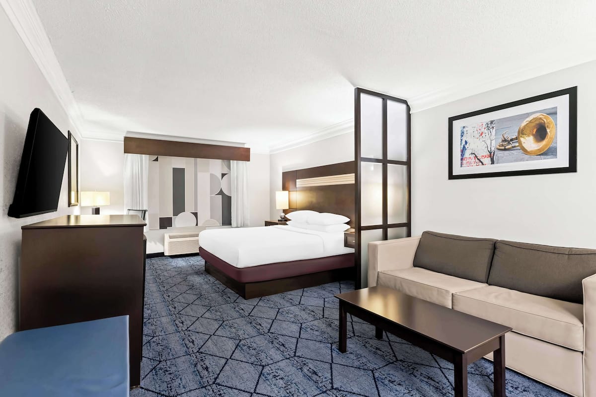A hotel room with a bed, a sofa, a desk, a TV, and a framed picture on the wall.