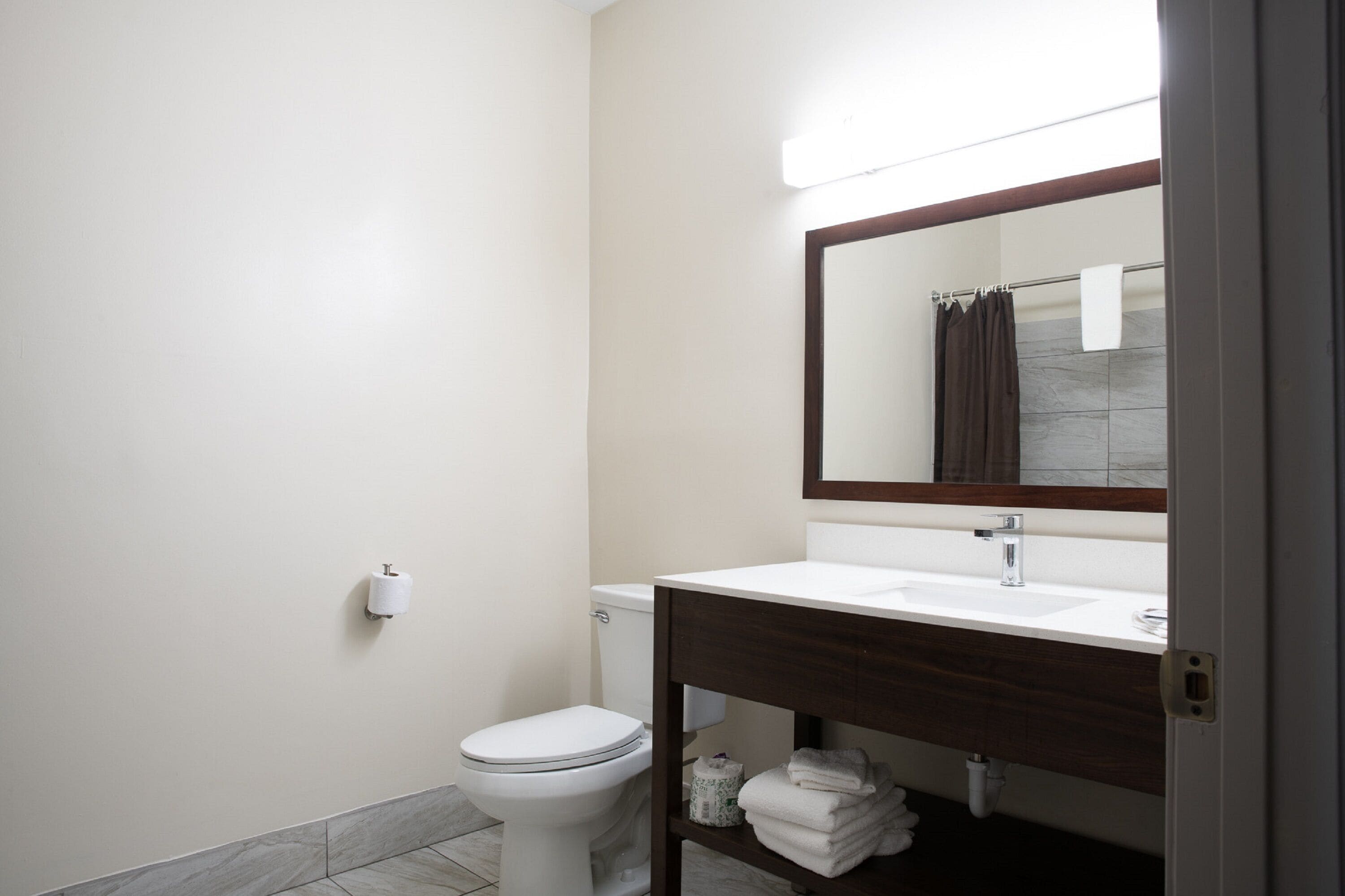 A bathroom with a toilet, sink, mirror, and towel rack.