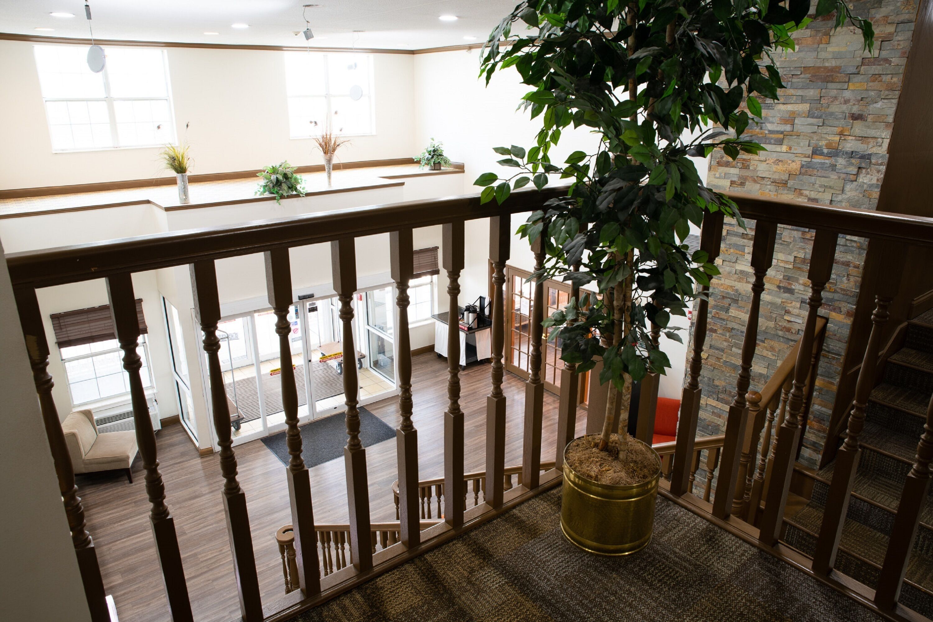 A view from a balcony with a wooden railing, a potted plant, and a stone wall.