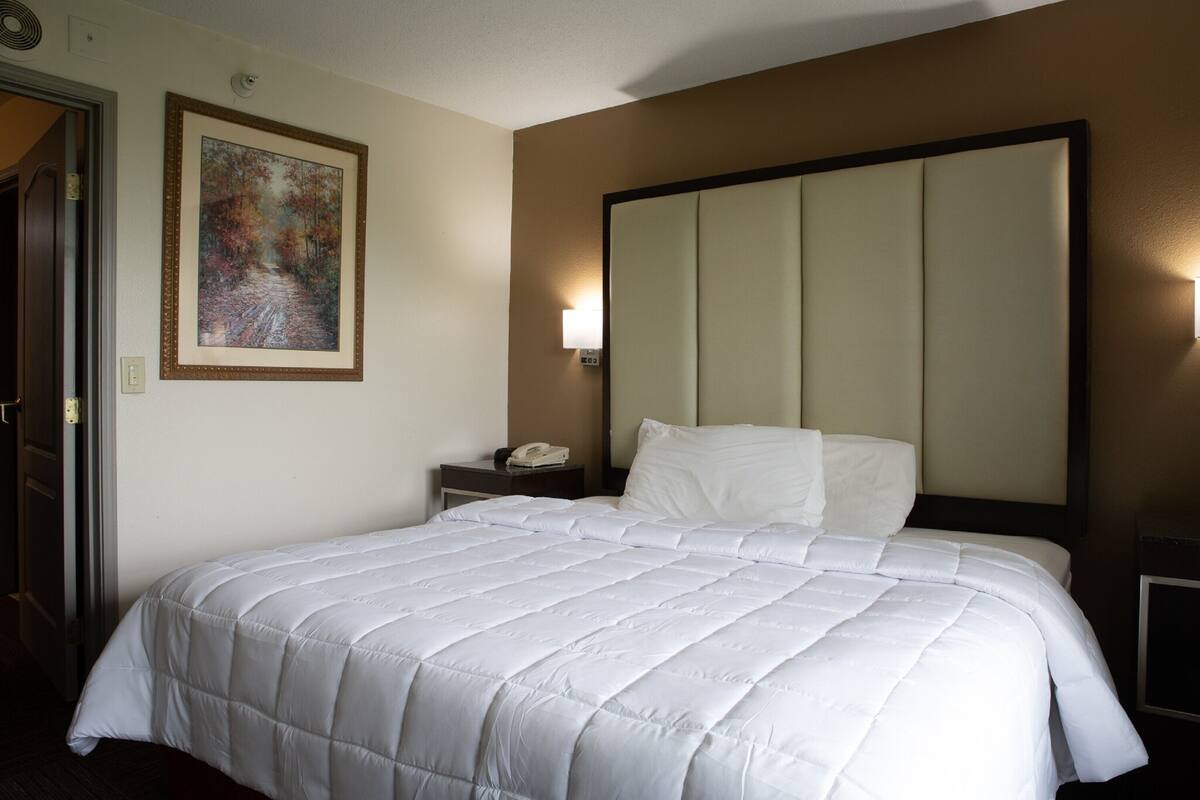 A hotel room with a large bed, a nightstand, a telephone, and a painting on the wall.