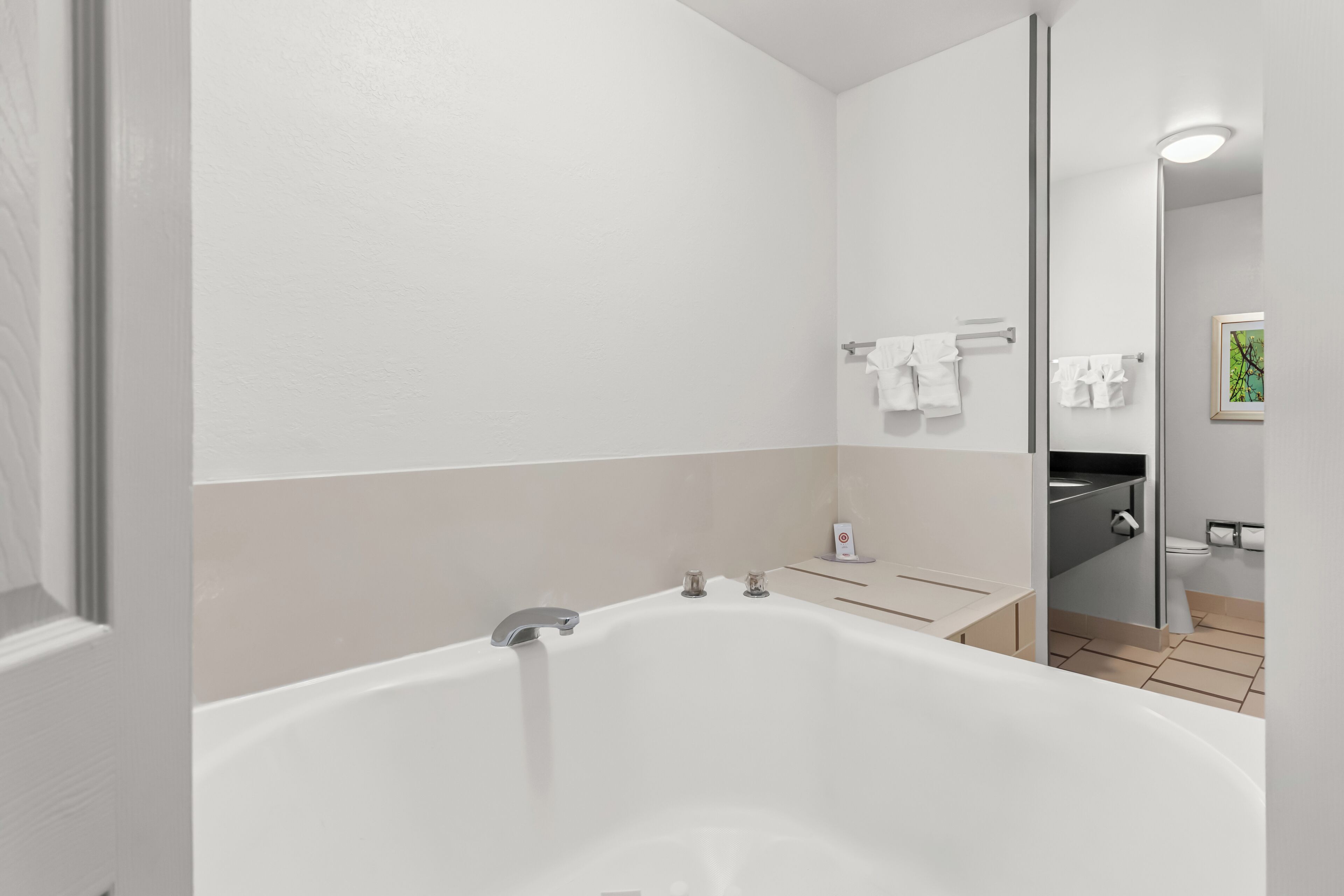 A modern bathroom with a large bathtub, a mirror, and a toilet.
