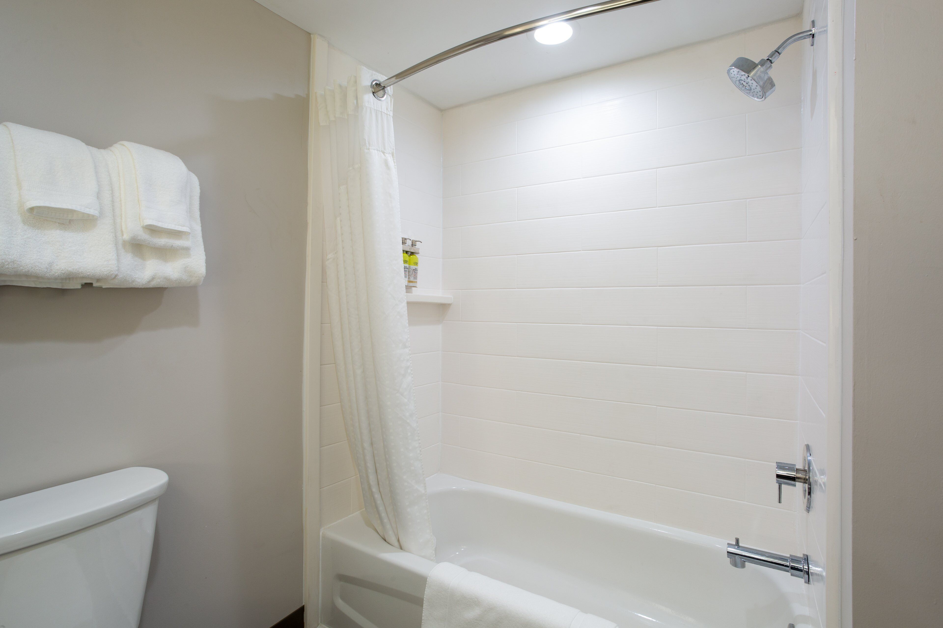 Un baño con una bañera blanca, ducha e inodoro. Hay toallas colgadas en la pared.