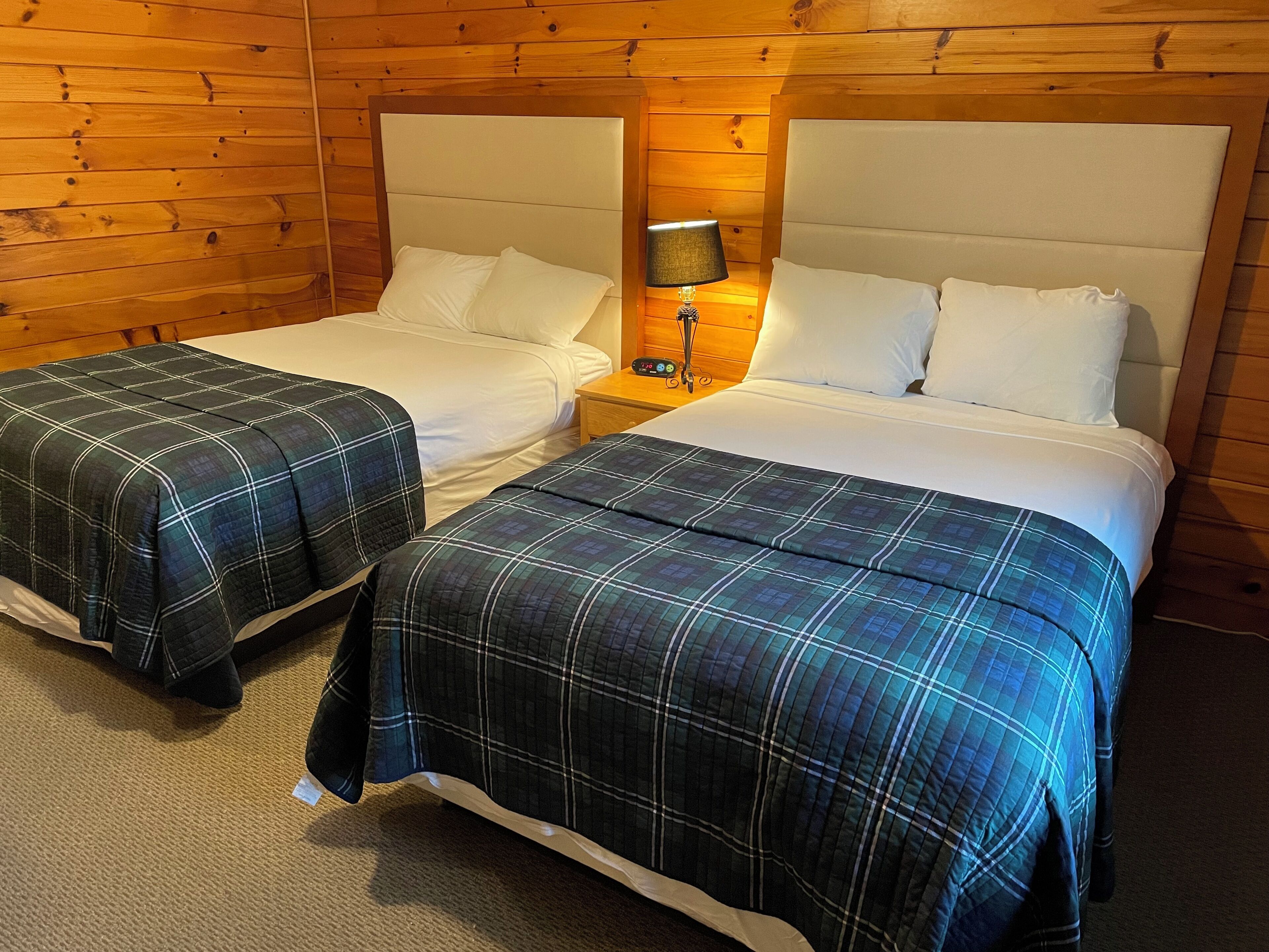 Two twin beds with plaid bedding, wooden headboards, and a nightstand with a lamp between them.