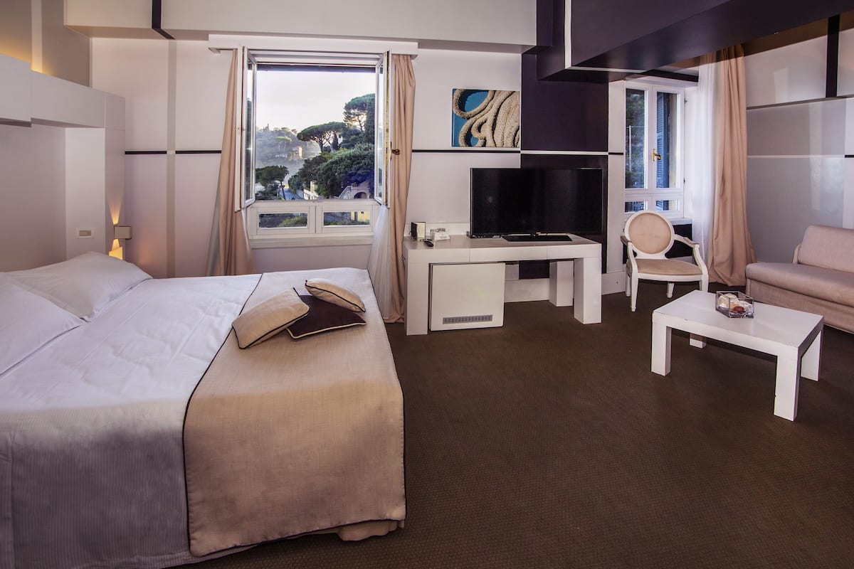 Een hotelkamer met een bed, een bureau, een televisie, een stoel en een bank.