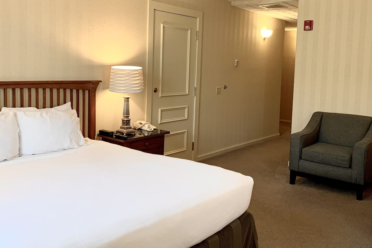 A hotel room with a large bed, a bedside lamp, a telephone, a chair, and a door.