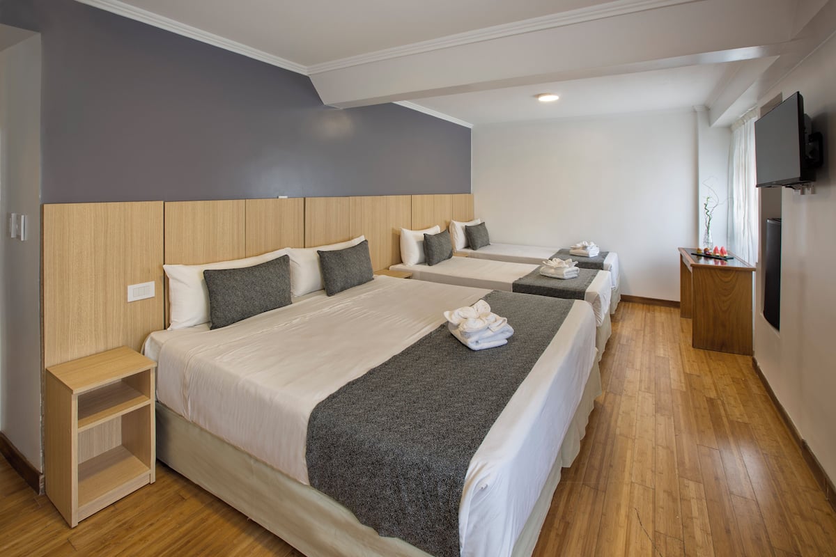 Una habitación de hotel con una cama grande, una cama más pequeña, un televisor y una mesita de noche de madera.