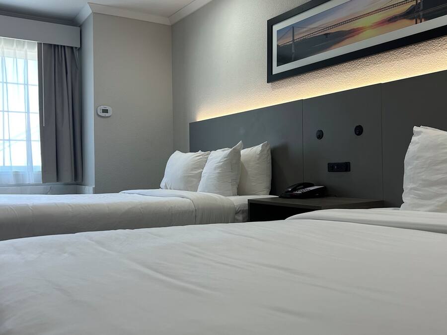 Standard Room, 2 Queen Beds, Non Smoking | In-room safe, desk, blackout drapes, iron/ironing board