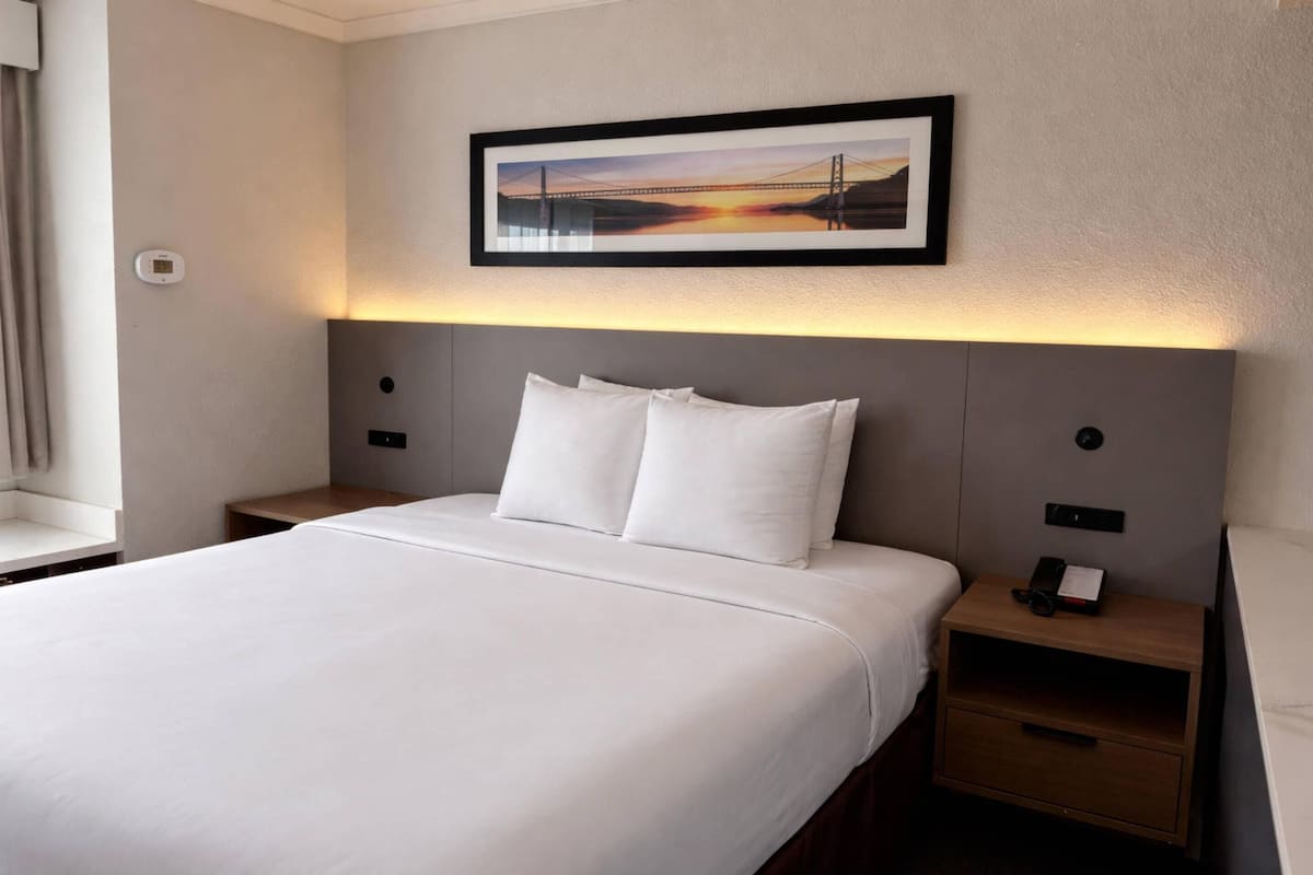 A hotel room with a large bed, a nightstand with a phone, and a framed picture on the wall.