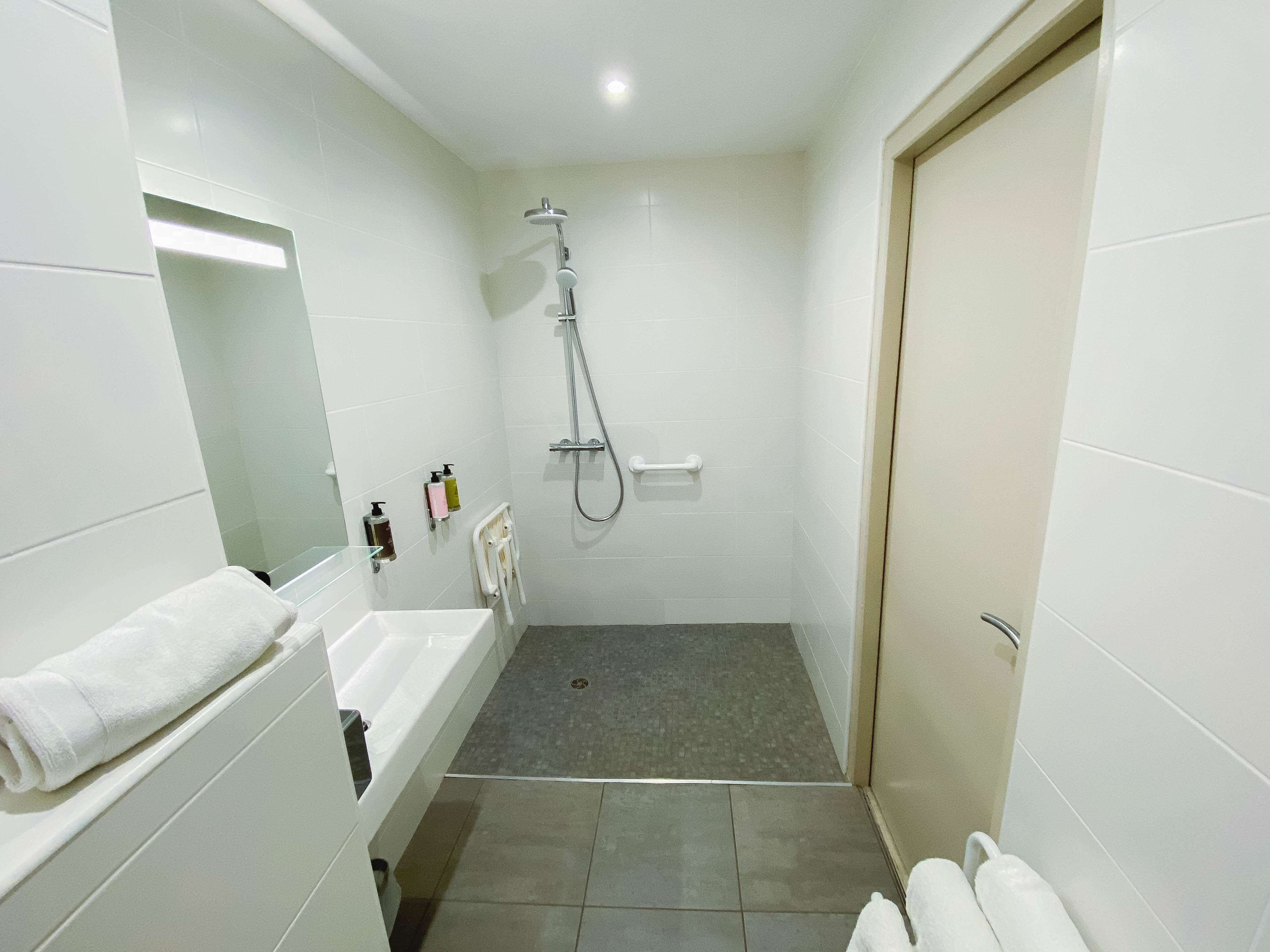 A modern bathroom with a shower, a sink, and a mirror.