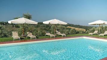 Seasonal outdoor pool, open 9:00 AM to 7:30 PM, pool umbrellas