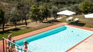 Une piscine à l’eau d’un bleu limpide, entourée d’une terrasse en briques et d’une zone herbeuse agrémentée d’arbres.