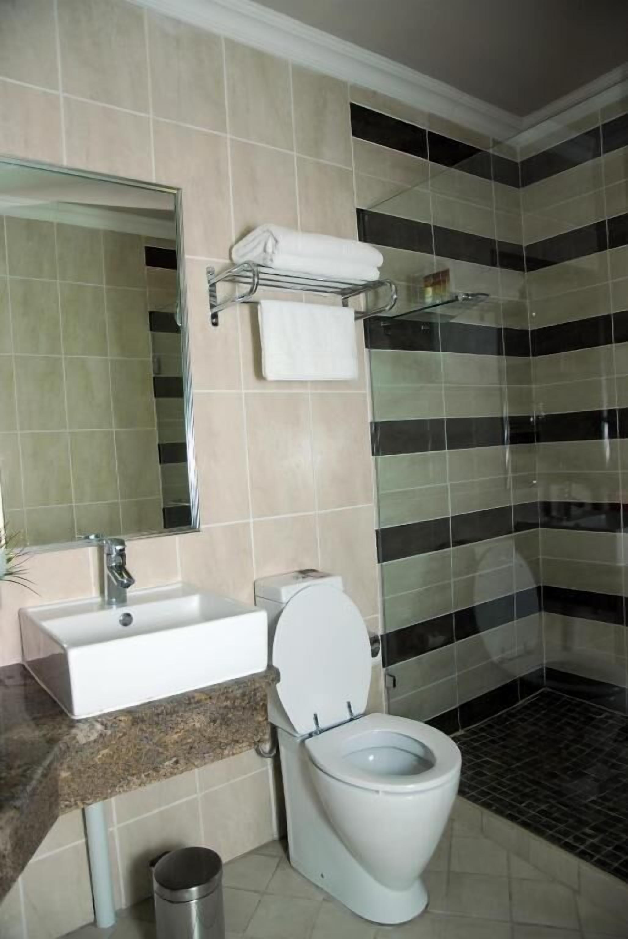 A bathroom with a sink, mirror, toilet, and a shower area.